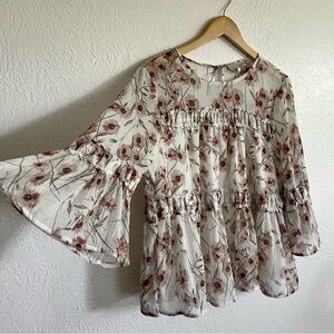 Lucky Brand Floral Boho Relaxed Fit Blouse Pink & Taupe Size Large